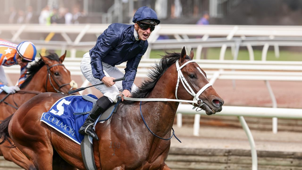 Coolmore Stud Stakes winners Switzerland and James McDonald will return to Flemington for the Group 1 Lightning Stakes on Saturday. Picture: Morgan Hancock/Racing Photos via Getty Images