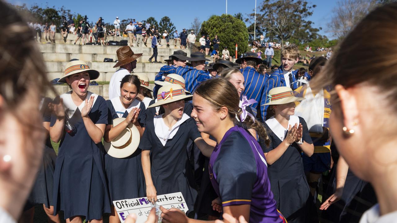 The Glennie School cheers their team off after defeating Downlands to claim the Selena Selena Worsley Shield on Grammar Downlands Day hosted by Downlands College, Saturday, August 31, 2024. Picture: Kevin Farmer