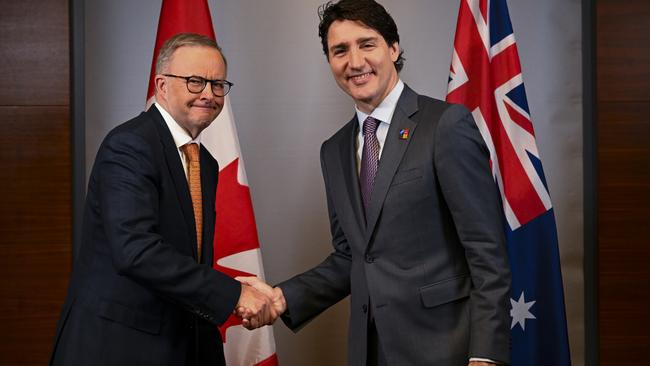 Australian Prime Minister Anthony Albanese shakes hands with Canada PM Justin Trudeau during a bilateral meeting ahead of the NATO Leaders’ Summit in Madrid. Picture: AAP