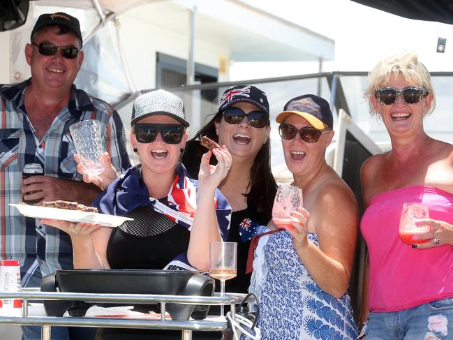 Australia Day on the Broadwater. Photo at Wavebreak Island of Gabbie Kerr, Murray Judd, Nikki Durre, Lesleigh Gallagher, Kwozzie Gallagher. Photo by Richard Gosling