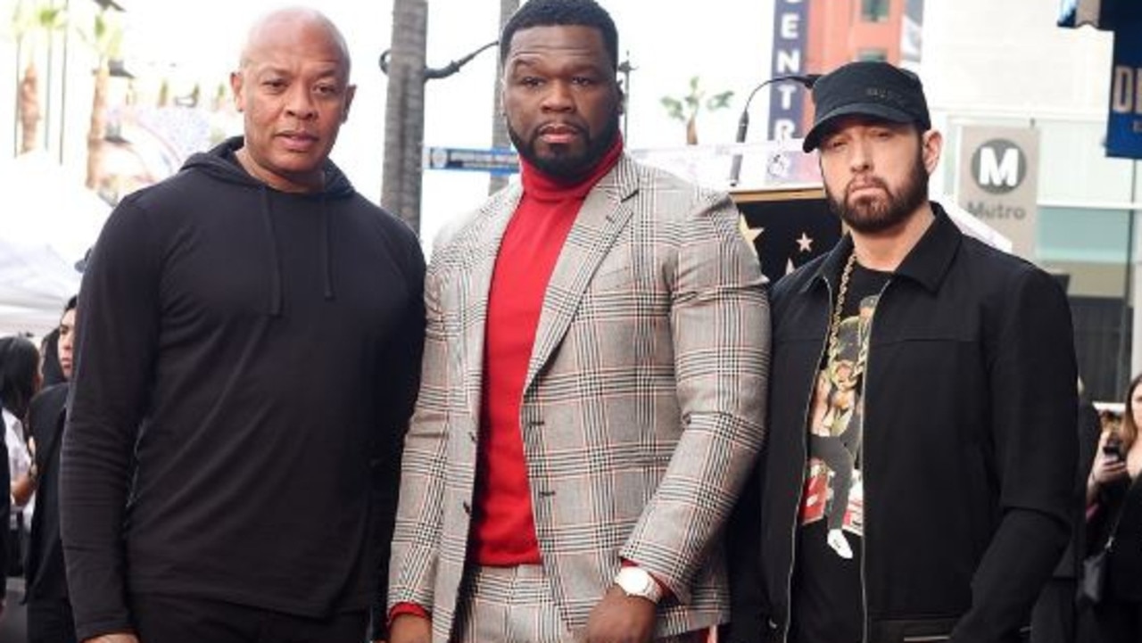Dr Dre, 50 Cent and Eminem pictured in January 2020. Picture: Getty Images