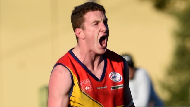 Gareth Newton celebrates a goal during his last stint at Yarraville-Seddon. Picture: Kylie Else