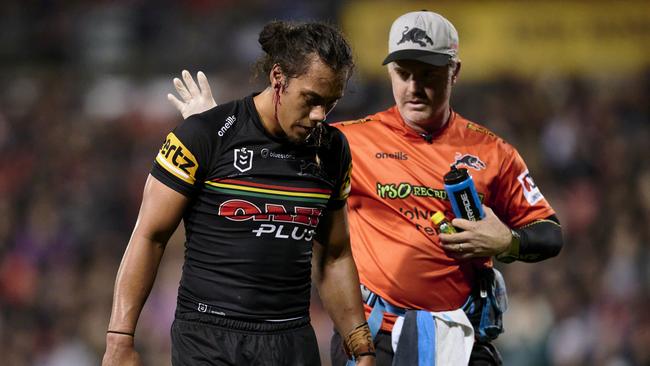 Jarome Luai also sent a brief scare through NSW camp after clutching at a leg, but managed to play out the game. Picture: Getty Images.