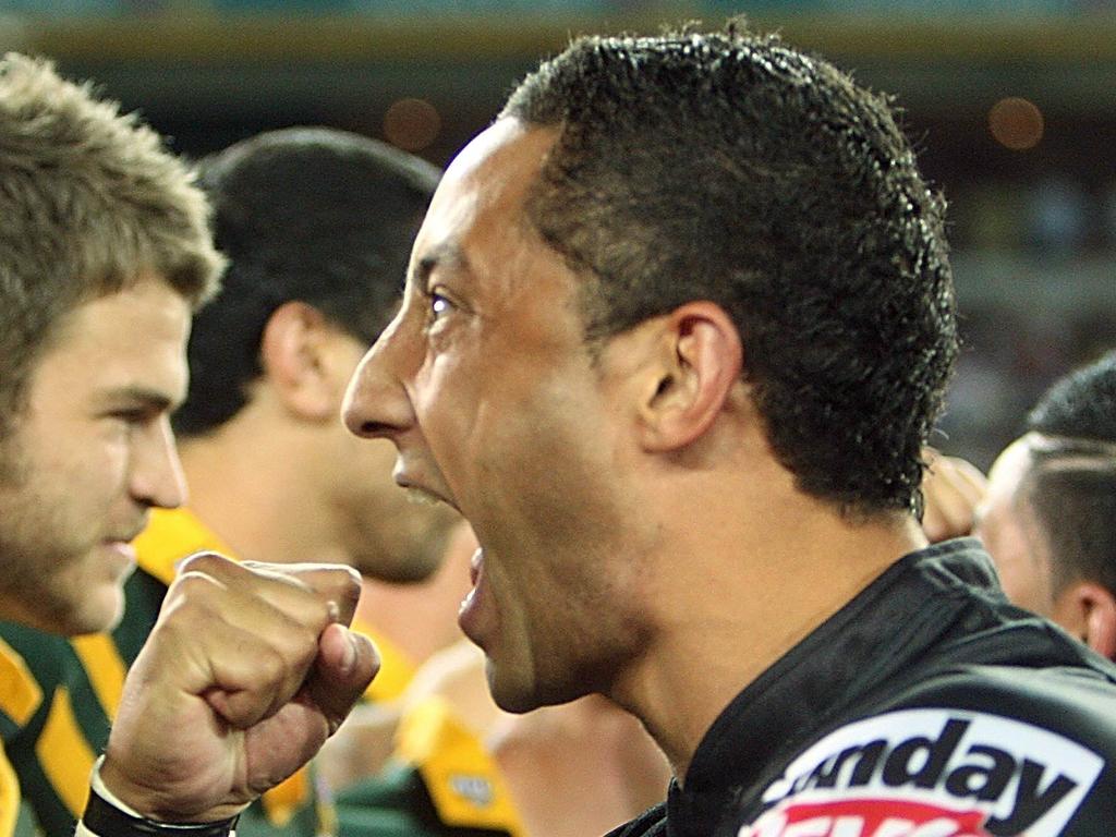 Kiwis Benji Marshall (C) gets up close while performing the 'haka' in front of the Kangaroos team prior to the final of 2008 Australia v New Zealand Rugby League World Cup at Suncorp Stadium in Brisbane, 22/11/2008.