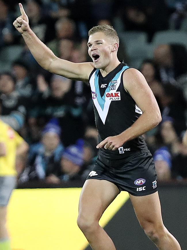 Dan Houston celebrates a goal against the Western Bulldogs. Picture Sarah Reed