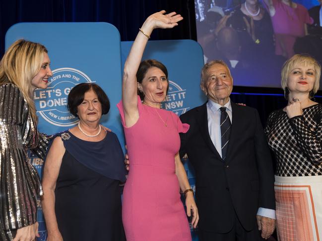 The close-knit Berejiklian family celebrates Gladys’ 2019 election win (from left) Mary, Arsha, Gladys, Krikor and Rita. Picture: Getty Images