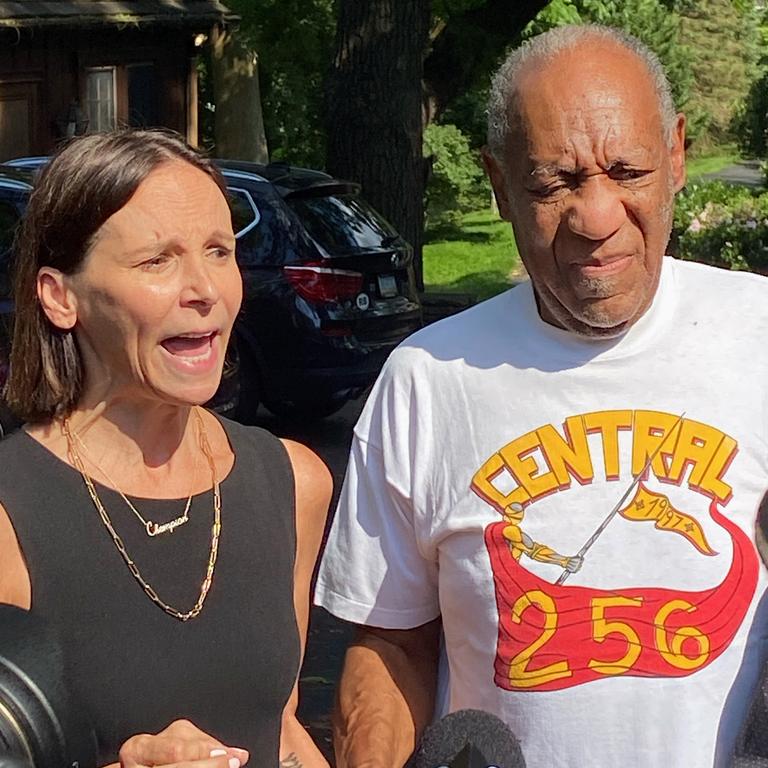 Attorney Jennifer Bonjean and Bill Cosby speak outside of Bill Cosby's home after he was released from prison. Picture: Michael Abbott/Getty Images