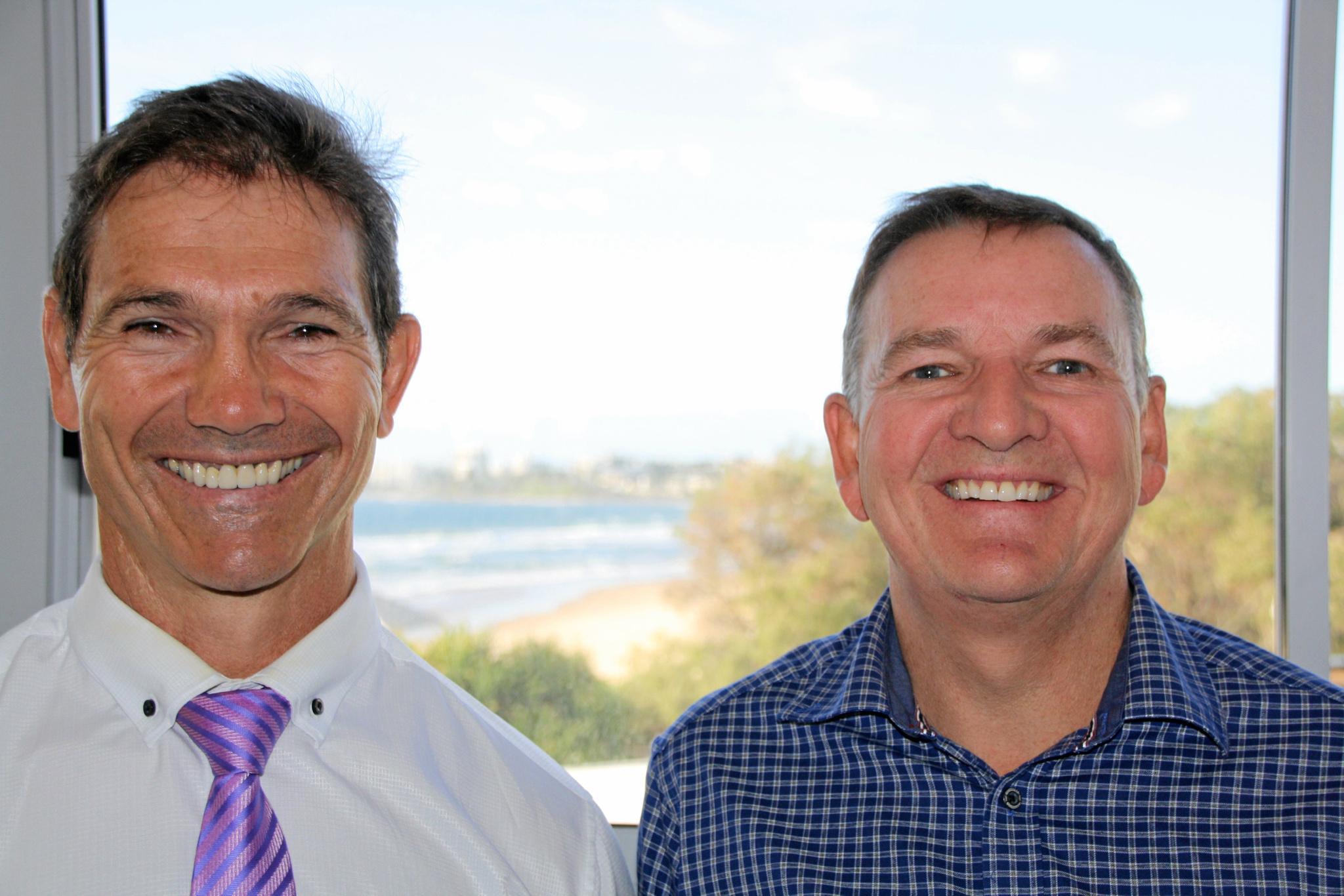 Dan Staines and Phil Tyler of Pelican Waters at the Urban Development Institute of Australia (Qld) breakfast at Maroochydore Surf Club last Friday. Picture: Erle Levey