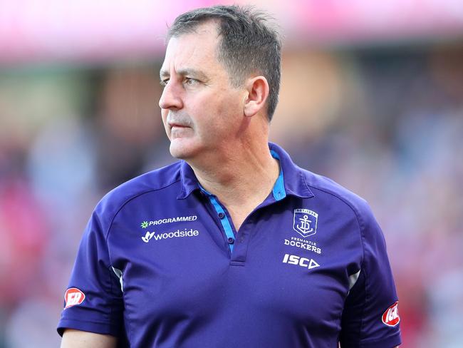 SYDNEY, AUSTRALIA - AUGUST 12:  Dockers coach Ross Lyon looks on following the round 21 AFL match between the Sydney Swans and the Fremantle Dockers at Sydney Cricket Ground on August 12, 2017 in Sydney, Australia.  (Photo by Cameron Spencer/Getty Images)