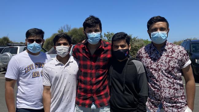 Juy Putel and his four friends at Smiths Beach in Phillip Island. Picture: Brooke Grebert-Craig