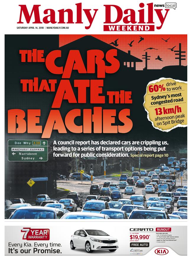 The Manly Daily front page on Saturday April 14, highlighted the lack of transport infrastructure.