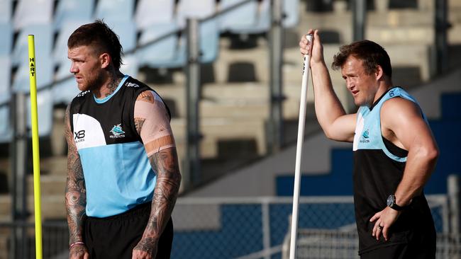 Josh Dugan and Josh Morris at training. Picture: Toby Zerna