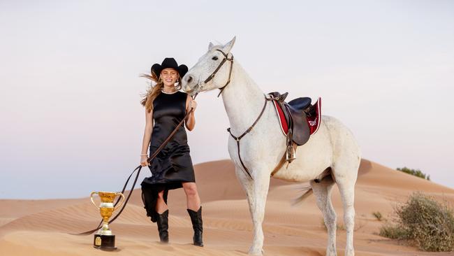 Channel 7 personality and Birdsville Races ambassador Grace Hayden with horse Thumper. Photo: Matt Williams.