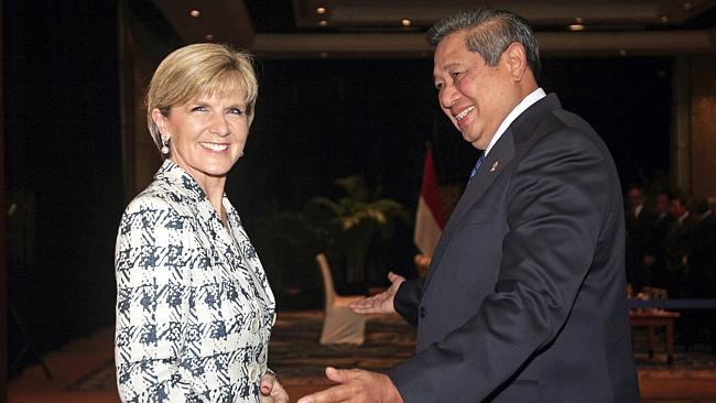 Indonesian President Susilo Bambang Yudhoyono greets Foreign Minister Julie Bishop at a meeting in Bali yesterday.