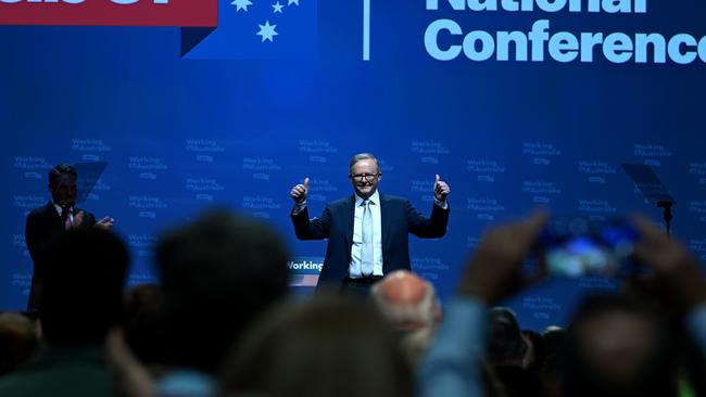 Mr Albanese delivered a stump speech to the party faithful at the ALP National Conference. Picture: Dan Peled / NCA NewsWire