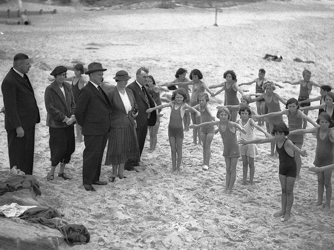 Children from Stewart House exercising at Curl Curl Beach around 1935.