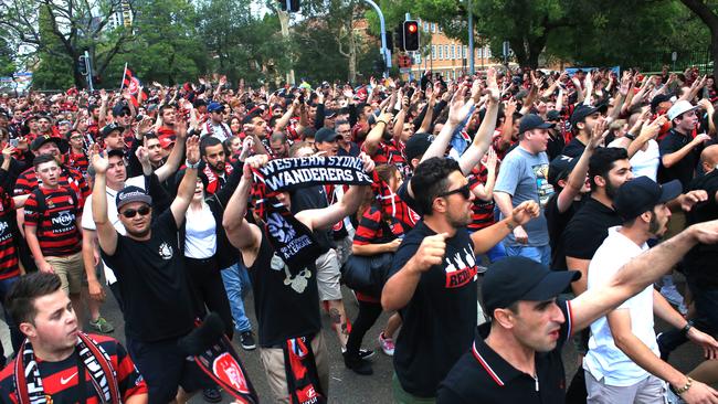 Wanderers fans walk to the ground before the Western Sydney Wanderers v Melbourne Victory A League game at Pirtek Stadium, Parramatta. Pic Mark Evans