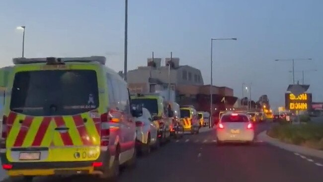 A video-grab showing ambulances queuing outside the Northern Hospital in Melbourne on Monday night. Picture: Twitter