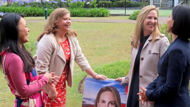 (L-R) Federal MP for Reid Sally Sitou, Balmain candidate Philippa Scott, Labor's state candidate for Drummoyne Julia Little, Labor NSW deputy leader Prue Carr chat about the NSW election. Picture: Alexi Demetriadi