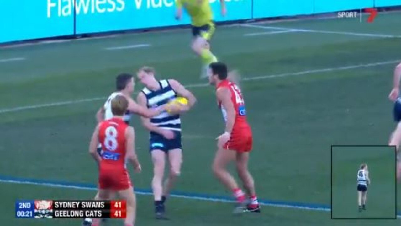 Geelong's Mark Blicavs was fined for staging after this incident.
