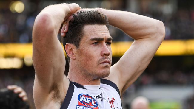 Jeremy Cameron looks dejected after last year’s Grand Final loss to Richmond. Picture: Daniel Carson/AFL Photos via Getty Images