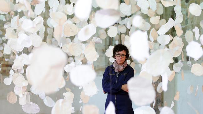 Artist Monika Grzymala at Cockatoo Island with her art installation at the 2016 Biennale of Sydney.