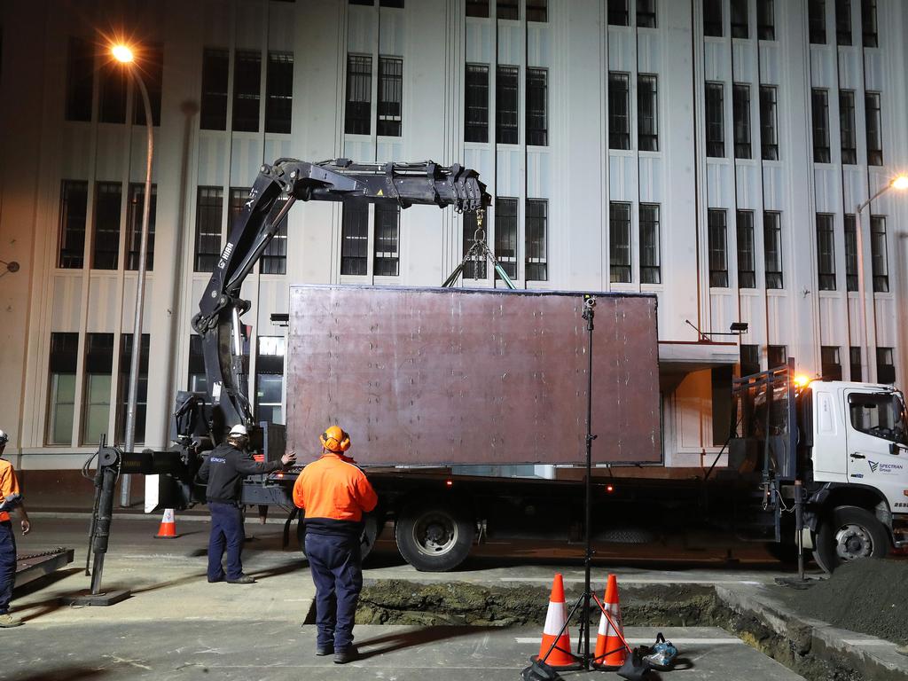 Work in Macquarie Street Hobart on the hole that will house the chamber performance artist Mike Parr will live in for 72 hours during Dark Mofo. Picture: NIKKI DAVIS-JONES