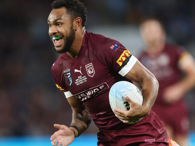 QLDÃs Hamiso Tabuai-Fidow scores. Queensland vs New South Wales at CBUS Stadium on the Gold Coast.  Pic Peter Wallis