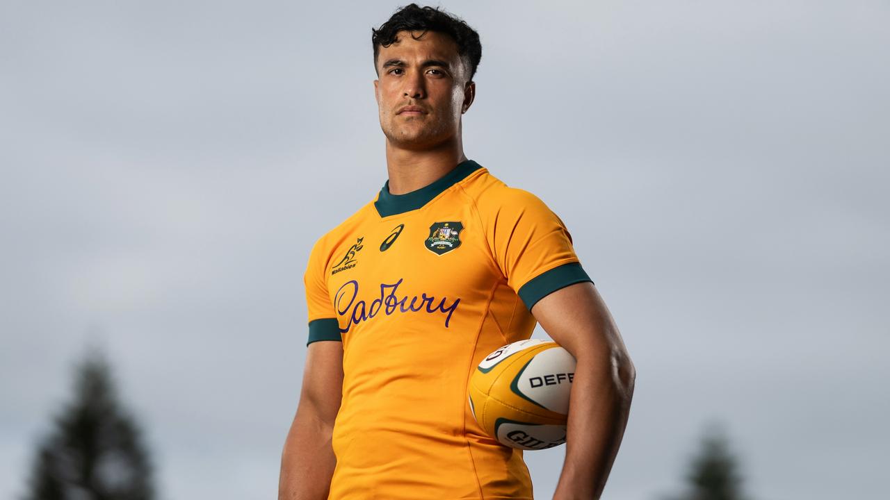 BRISBANE, AUSTRALIA - JUNE 26: Joseph Sua'ali'i poses during an Australia Wallabies Portrait Session on October 28, 2024 in Sydney, Australia. (Photo by Mark Metcalfe/Getty Images)