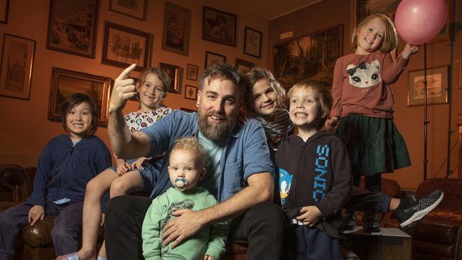 Singer Josh Pyke with, from left, Billy 6, Mabel 6, Miles, 2, Eloise, 6, Edward, 4, and Clara, 4. Picture: Chris Pavlich