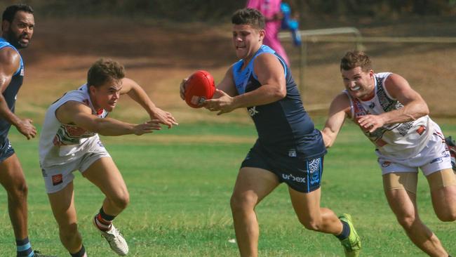 Thomas Clarke (ball) as the Darwin Buffaloes v Southern Districts in the Mens Premier League at Cazaley Oval.Picture: Glenn Campbell