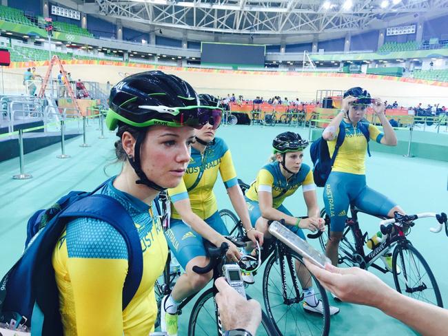 The Australian women’s pursuit squad at the Rio Olympic Velodrome less than 24 hours after the horror crash.