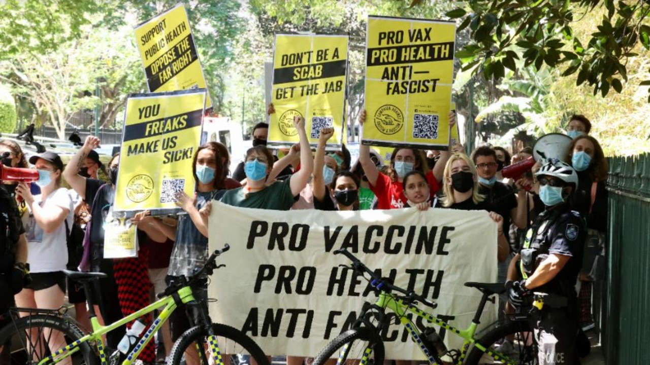 Vaccination supporters gather in Brisbane's CBD. Picture: Liam Kidston