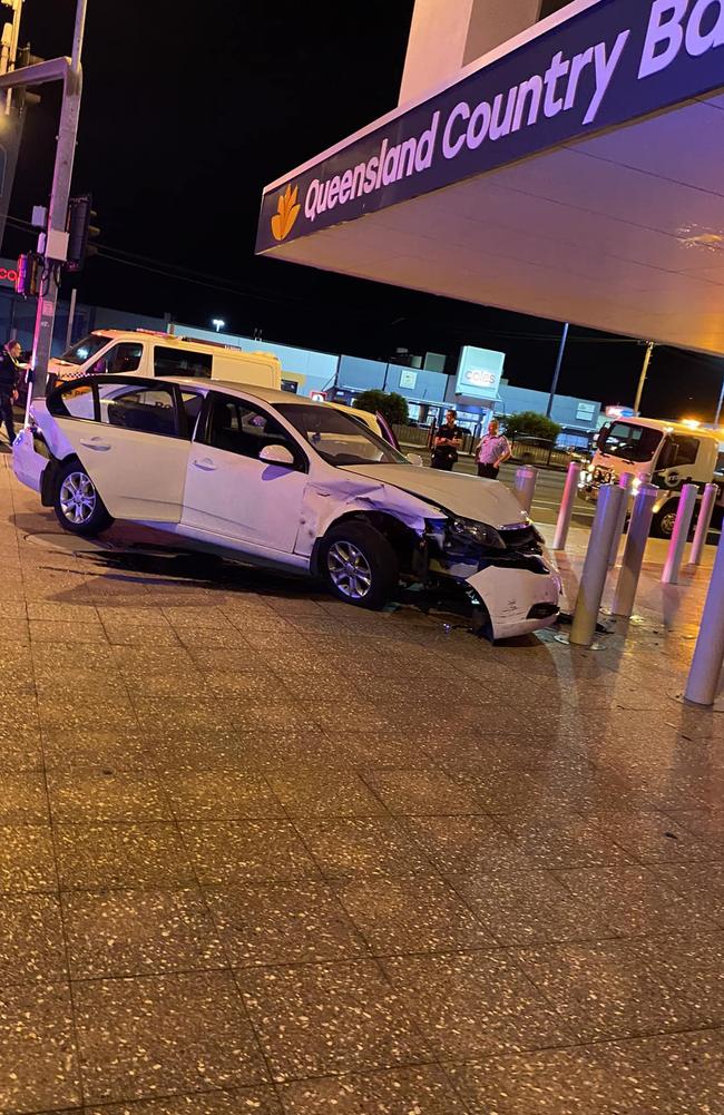 Stolen car crash in Aitkenvale pushed a member of the public's car into the Queensland Country Bank on Ross Rver Rd.