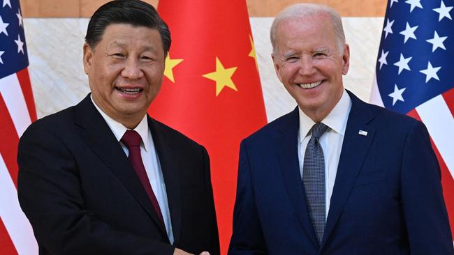 US President Joe Biden and China's President Xi Jinping shake hands as they meet on the sidelines of the G20 Summit last November. Picture: Saul Loeb/AFP