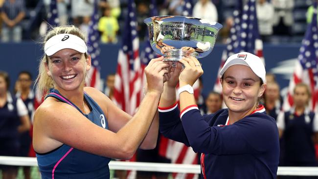 Australia’s Ashleigh Barty and Coco Vandeweghe of the United States celebrate after winning the US Open doubles. Picture: Al Bello (Getty Images)