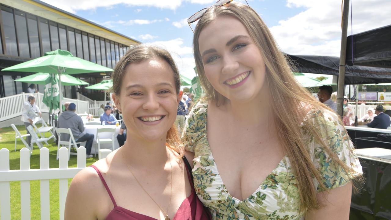 Marina Teske-Finlay and Tara Bidgood at the 2023 Audi Centre Toowoomba Weetwood race day at Clifford Park Racecourse.