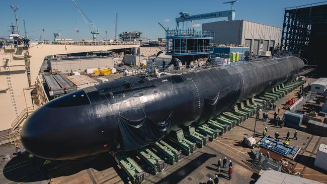 The Virginia-class attack submarine New Jersey SSN 796 in dry dock at Newport News Shipbuilding.