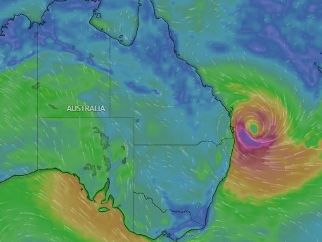 The cyclone is expected to cross the coast on Friday, likely between Maroochydore and Coolangatta. Picture: Windy.com