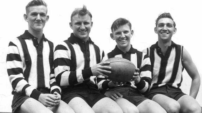 The Rose brothers: Kevin, Bob, Colin and Bill in their Collingwood jumpers, featuring the pinstripes, in 1955.