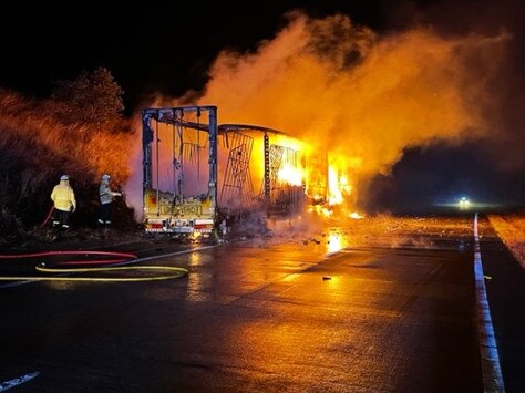 Semi-trailer on fire on Hume Highway near Gunning. Picture: Fire and Rescue NSW