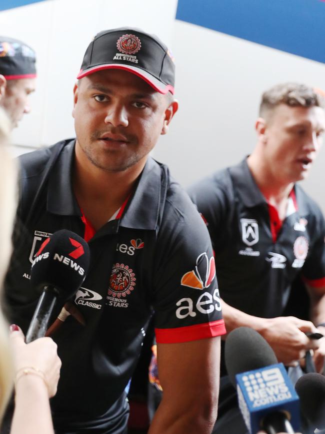 Latrell Mitchell and Jack Wighton at Sydney Airport. Picture: John Grainger