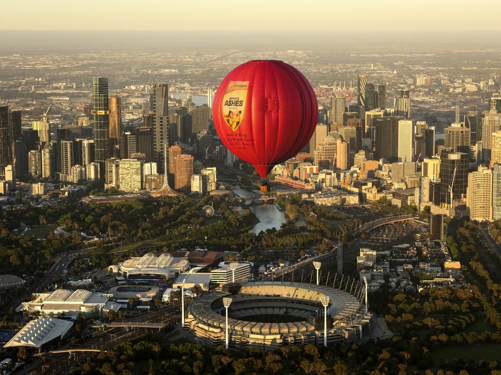 Excitement for the day-night Women's Ashes Test in January only soared higher once a giant pink cricket ball hot air balloon rose over Melbourne and the MCG. Picture: David Callow