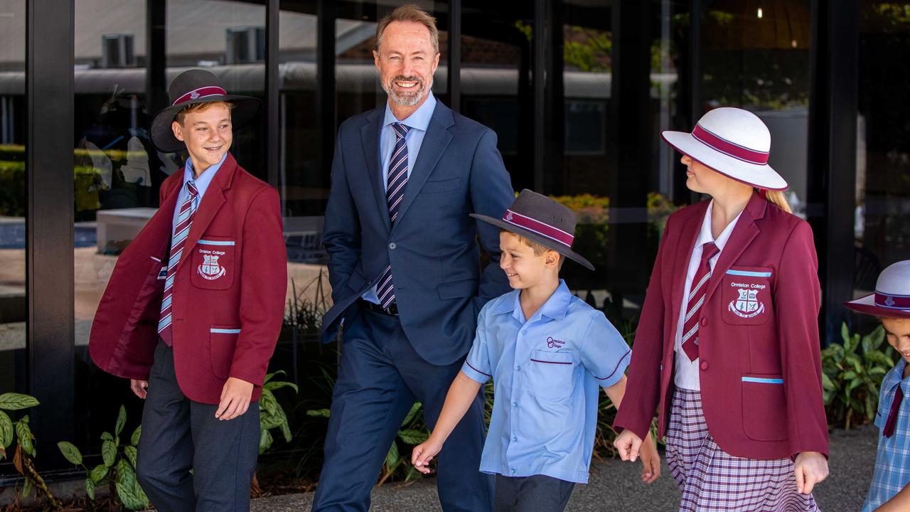 Ormiston College principal Brett Webster with students (left to right): Jasper Armstrong (Year 10), Jake Cameron (Year 2), Jaiselle Hunter (Year 10), Grace Johnston (Year 2). Ormiston almost matched the likes of Churchie and Brisbane Grammar in donations over five years.