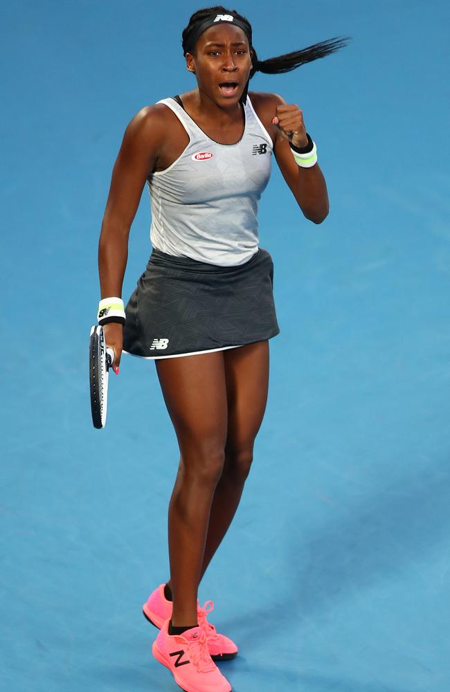 Coco Gauff of the USs celebrates after winning match point during her Women's Singles third round match against Naomi Osaka of Japan on Friday. Picture: Kelly Defina/Getty Images