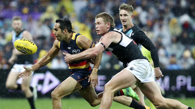 Eddie Betts tries to skip clear of Tom Clurey in Showdown 43. Picture Sarah Reed