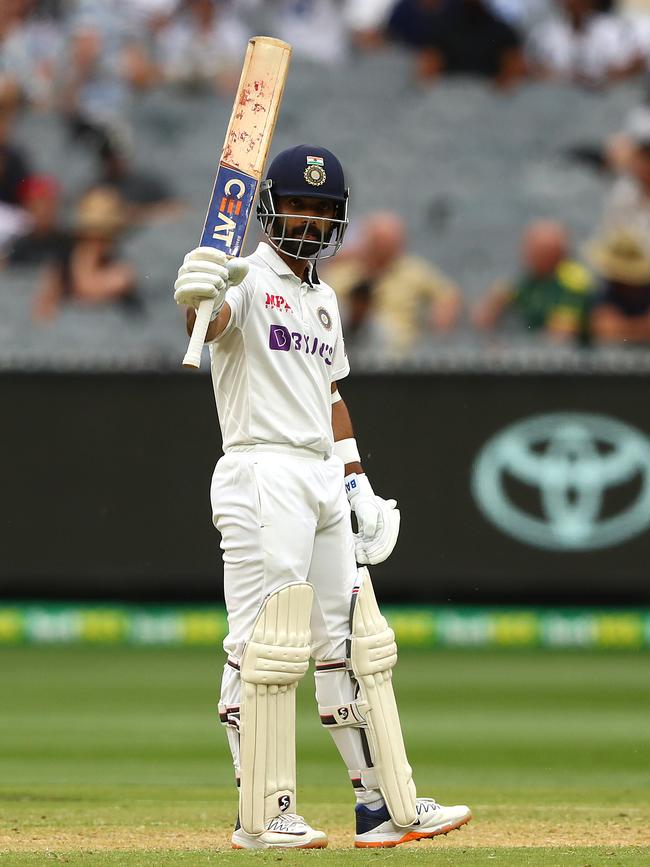 Indian captain Ajinkya Rahane celebrates his half century. Picture: Getty Images