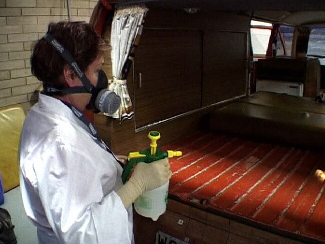 Forensic biologist, Joy Kuhl, at work on the Kombi van belonging to Peter Falconio and Joanne Lees. Picture: Chris Tangey