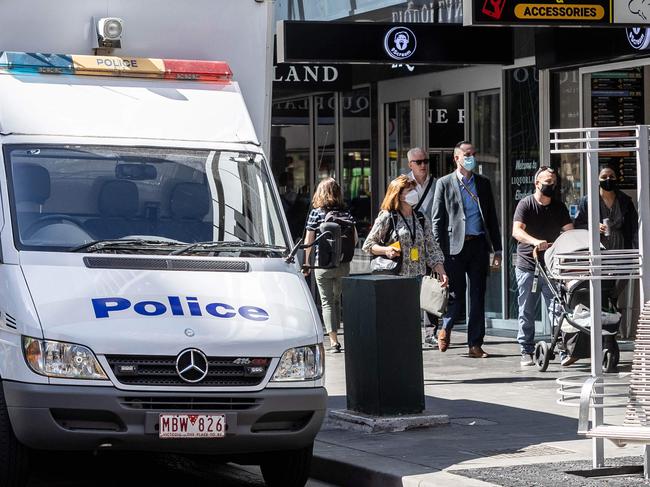 Police have set up a caravan to deal with crime and anti-social issue in the area of Elizabeth Street in MelbourneÃs CBD. Police patrol Elizabeth Street. Picture: Jake Nowakowski