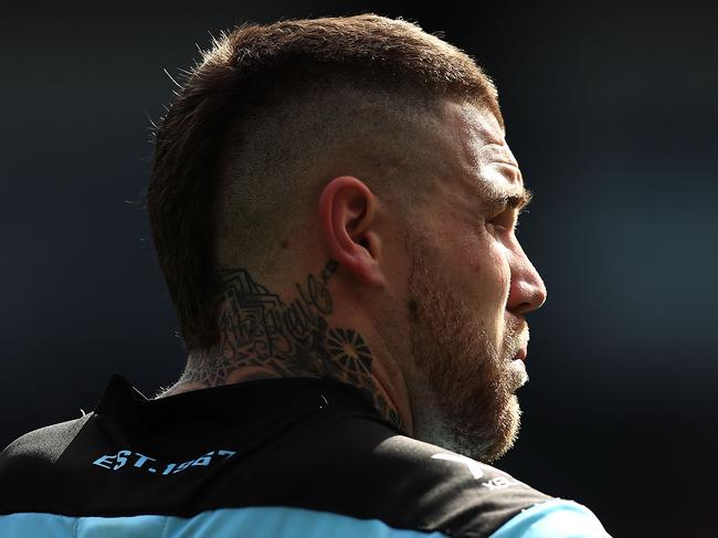 SYDNEY, AUSTRALIA - SEPTEMBER 02:  Josh Dugan of the Sharks looks on during the round 25 NRL match between the Canterbury Bulldogs and the Cronulla Sharks at ANZ Stadium on September 2, 2018 in Sydney, Australia.  (Photo by Mark Metcalfe/Getty Images)